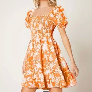Orange floral puff sleeve dress (size L)